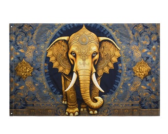 Wall tapestry decoration. Elephant deity India, Ganesh. Zen and relaxing Asian stretched sheet. Meditation decoration size 155x97cm