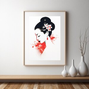Minimalist white and red geisha poster print. Japanese geisha poster, zen. Unframed Asian woman portrait for bedroom, living room.