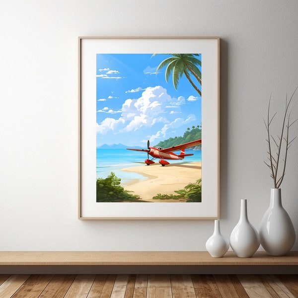 Porco rosso inspiration. Poster avion, plage et été. Style ligne claire. Décoration murale, Affiche 50x70cm sans cadre. Déco bord de mer.