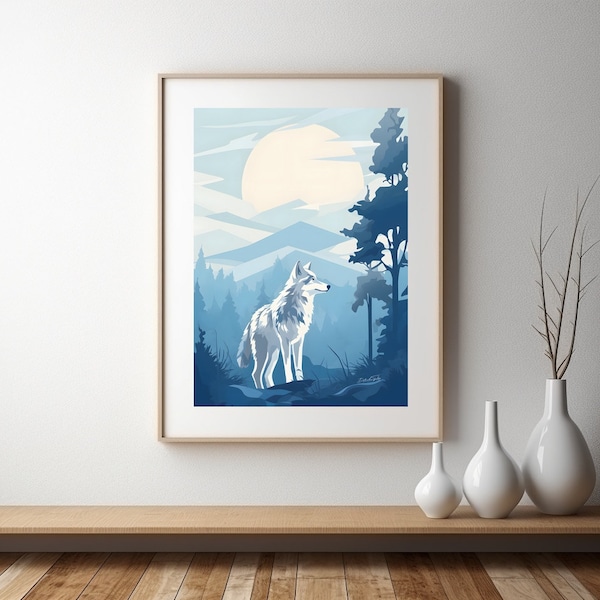 Poster loup, hiver et montagne dans un style ligne claire. Décoration murale pour chambre et salon. Affiche sans cadre minimaliste, chalet.