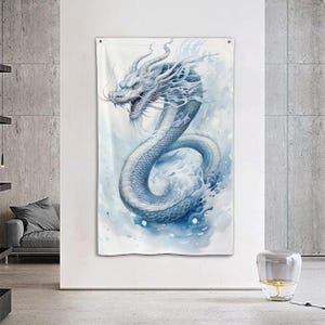 Chinese dragon print fabric. Wall tapestry. Blue monochrome Japanese dragon wall hanging. Large fabric wall decoration, size 61x38&quot;