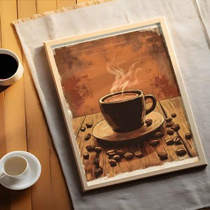 Poster retrò di una tazza da caffè, color terracotta. Bellissimo poster vintage di caffè francese dai colori caldi. immagine di chicco di caffè. Senza cornice