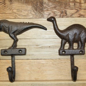 May include: Two cast iron dinosaur hooks. One hook features a T-Rex, the other a Brontosaurus. Both are dark brown and mounted on a rectangular base with a single hook below. The hooks are mounted on a wooden surface.