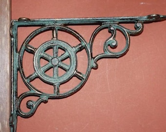 Ships Wheel Shelf Bracket, Nautical Coastal Home Accent, Bronze Look Support,B-31