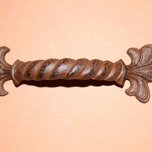 May include: A brown, cast iron drawer pull featuring a central twisted rope design. The handle ends in decorative fleur-de-lis shapes, each containing a single circular screw hole for mounting. The metal has a textured, weathered finish.