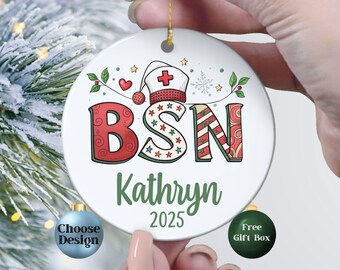 BSN Nurse Ornament Personalized with Name and Year, Custom Nursing School Christmas Gift Keepsake