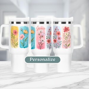 Personalized Watercolor Flower Tumbler with Straw and Handle, Custom Floral Travel Cup for Women, Gardeners,  Bridesmaids, Mom, Birthday