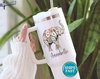 Personalized Floral Elephant Tumbler with Name, Lucky Elephant Custom Insulated Cup Choice of 40 oz or 20 oz