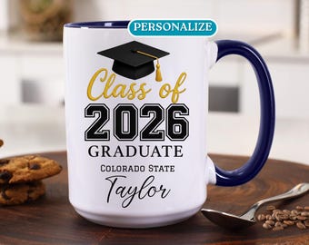 Personalized College Graduation Mug Gift. Class of 2026 University Graduate Coffee Cup