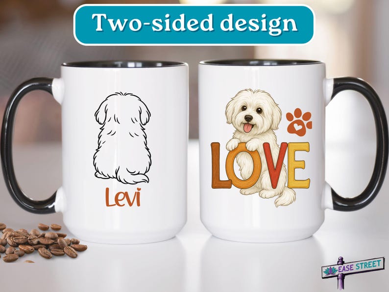 Puede incluir: Dos tazas de cer&aacute;mica blanca con asas negras. Una taza presenta un perro blanco de dibujos animados con la palabra "LOVE" en letras de colores. La otra taza tiene un perro blanco de dibujos animados sentado de espaldas al espectador y el nombre "Levi" impreso debajo.