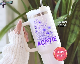 Personalized Auntie Gift Tumbler From Niece Or Nephew, Custom Auntie Name Wildflower Travel Mug, Auntie Birthday, Auntie Christmas Gift Cup