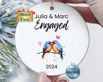 Personalized Lovebird Engagement Ornament for Newly Engaged Couple, Custom Engagement Keepsake Ornament Gift, Engaged Announcement Ornament