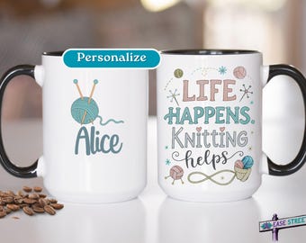 Personalized Life Happens Knitting Helps Mug with Name, Custom Yarn Mug Gift for Knitters, Funny Knitting Coffee Cup for Knitting Lover