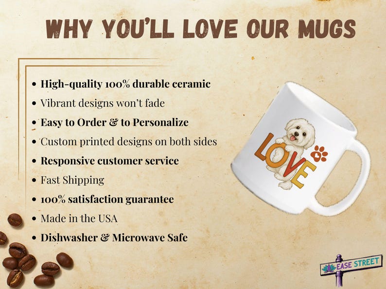 Puede incluir: Taza de cer&aacute;mica blanca con un perro de dibujos animados y la palabra "LOVE" en letras de colores. La taza es apta para lavavajillas y microondas. El texto de la imagen dice "WHY YOU'LL LOVE OUR MUGS".