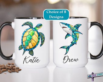 Personalized Sea Creature Mug, Custom Ocean Animal Coffee Cup, Choice of Turtle Dolphin Shark Whale Crab Manatee Octopus Sea Lion Gift Cup