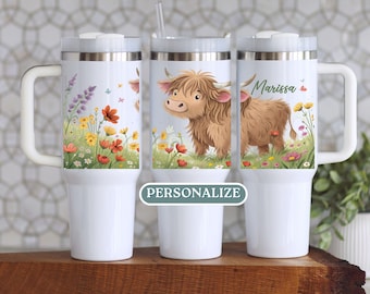Personalized Highland Cow 40 Oz Tumbler With Name, Custom Cow and Wildflower Tumbler Mug, Cow Stainless Steel Travel Cup with Handle & Straw