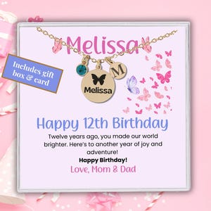 Custom 12th Birthday Necklace, Personalized Dainty 12th Birthday Birthstone Jewelry, Initial Charm gift for 12 year old girl, Name Pendant