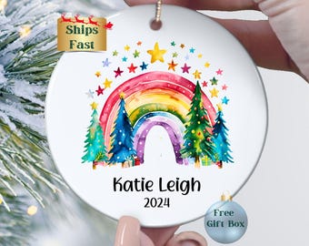 Personalized Rainbow Ornament Christmas Gift for Girls, Custom Cute Rainbow and Stars Keepsake Ornament, Rainbow Name First Christmas Gift