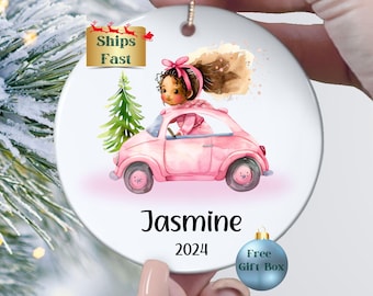 Personalized Girls Christmas Ornament, Little Girl in Custom Pink Car Ornament, Cute Christmas Keepsake for Kids, 1st Girls Christmas Gift
