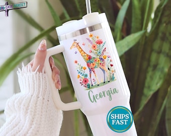 Personalized Floral Giraffe Tumbler with Name, Custom Giraffe Travel Mug with Straw, Choice 40 oz or 20 oz Cup