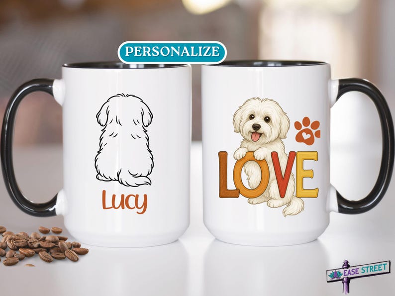 Front side of ceramic mug has an illustration of a Coton de Tulear behind a sign that says LOVE. The back side of the mug shows a drawing of the back side of a Coton dog and personalized with its name
