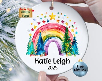 Personalized Rainbow Ornament Christmas Gift for Girls, Custom Cute Rainbow and Stars Keepsake Ornament, Rainbow Name First Christmas Gift