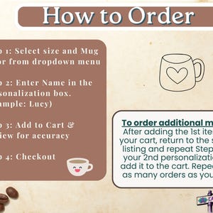 Puede incluir: C&oacute;mo pedir una taza personalizada. Selecciona el tama&ntilde;o y el color, introduce un nombre, a&ntilde;&aacute;delo al carrito y realiza el pago. Tambi&eacute;n se incluyen instrucciones para pedir tazas adicionales.