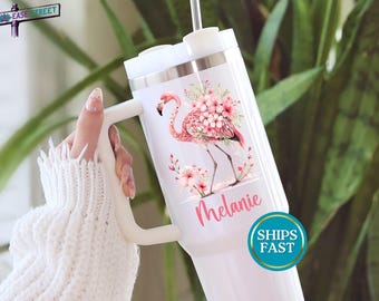 Personalized Pink Flamingo Tumbler with Name, Choice of 40 oz or 20 Floral Flamingo Cup, Travel Mug Gift For Women with Straw