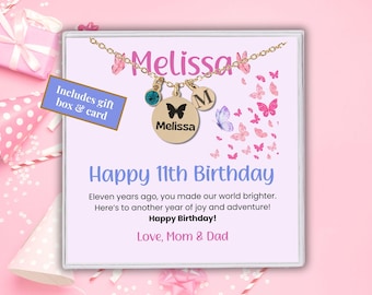 Custom 11th Birthday Necklace, Personalized Dainty 11th Birthday Birthstone Jewelry, Initial Charm gift for 11 year old girl, Name Pendant