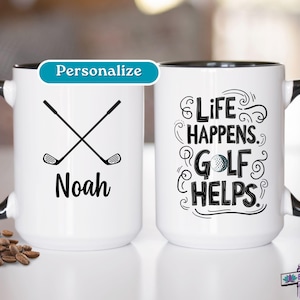 Custom Golf Coffee Cup Gift, Personalized Life Happens Golf Helps Mug, Funny Golfer Mug for Him, Her, Coaches & Golf Lovers or Father’s Day