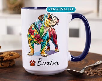 Custom Stained Glass Bulldog Mug, Personalized Bulldog Gift, Bulldog Coffee Cup for Dog Dad or Dog Mom, Bulldog Memorial Remembrance Gift