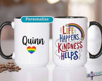 Personalized Life Happens Kindness Helps Mug, Custom Positive Quote Kindness Coffee Cup, Inspirational Gift for Teachers, Friends, Coworkers