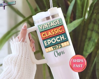 Custom 50th Birthday Tumbler with Name, Personalized Travel Mug 50 Birthday Gift for Friend Daughter Sister Coworker, Vintage 1975 Birthday