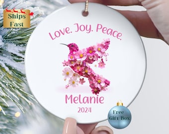 Personalized Hummingbird Flower Keepsake Ornament Gift, Love Joy Peace Hummingbird Ornament, Custom Name Ornament Gift for Bird Lovers