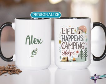 Personalized Life Happens Camping Helps Mug for Him, Custom Camping Lover Coffee Cup Gift for Dad, Funny Fathers Day or Birthday Camper Mug