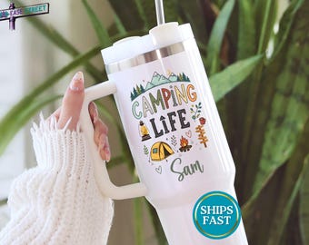Personalized Camping Life Tumbler with Name, Custom 40 oz Camp Lover Gift Travel Cup with Straw and Handle