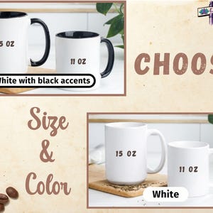 Puede incluir: Dos tazas de cer&aacute;mica blanca con detalles negros. La taza m&aacute;s grande es de 15 onzas y la taza m&aacute;s peque&ntilde;a es de 11 onzas. El texto "Elegir" es visible en el fondo.