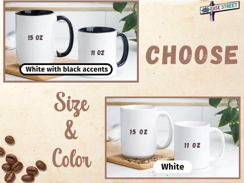 Puede incluir: Dos tazas de cer&aacute;mica blanca con detalles negros. La taza m&aacute;s grande es de 15 onzas y la taza m&aacute;s peque&ntilde;a es de 11 onzas. El texto "Elegir" es visible en el fondo.