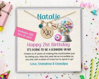 Custom 21st Birthday Necklace Gift, 21st Birthday for Her with Birthstone and Initial Charm, Daughter Granddaughter Twenty-First Birthday