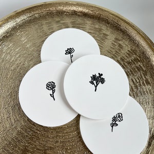 White Minimalistic Coasters With Black Flowers set of 4