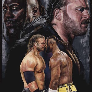 May include: A painting of two wrestlers facing each other, with two other wrestler portraits in the background. The wrestlers are muscular, wearing wrestling attire. The colour palette includes shades of brown, yellow, and black.