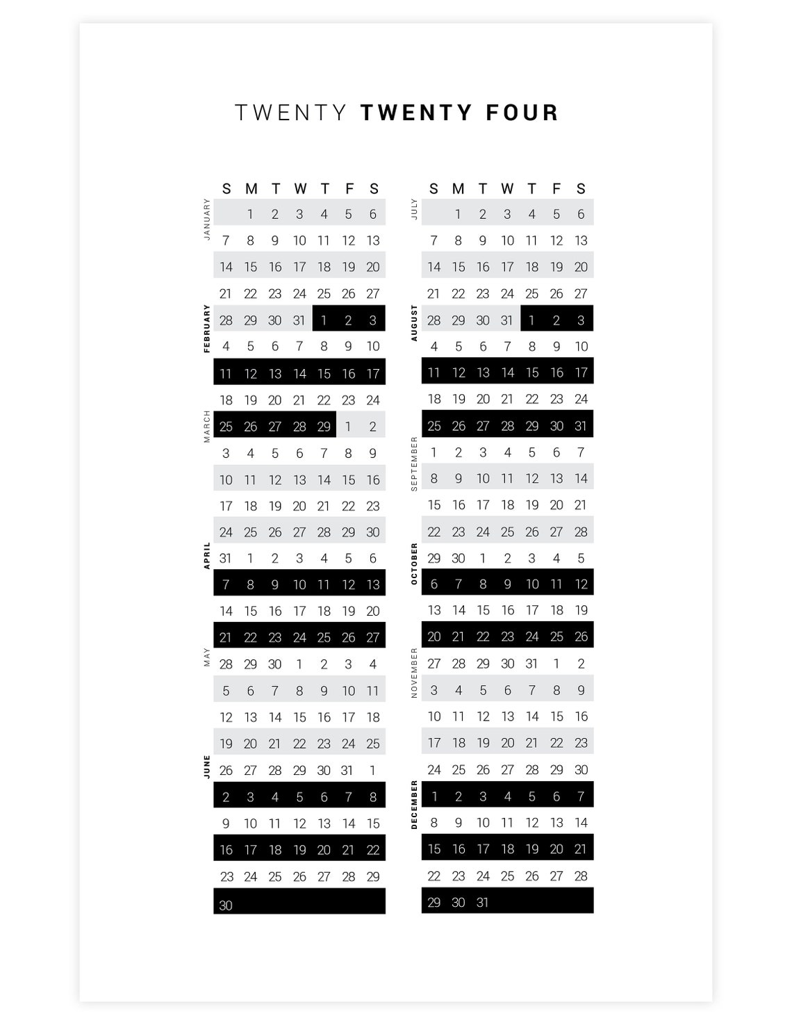 Printable Calendar Poster 2024 Continuous Calendar Large Etsy
