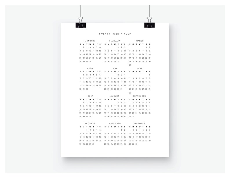 Printable Calendar 2024 Year at a Glance Letter Size Vertical
