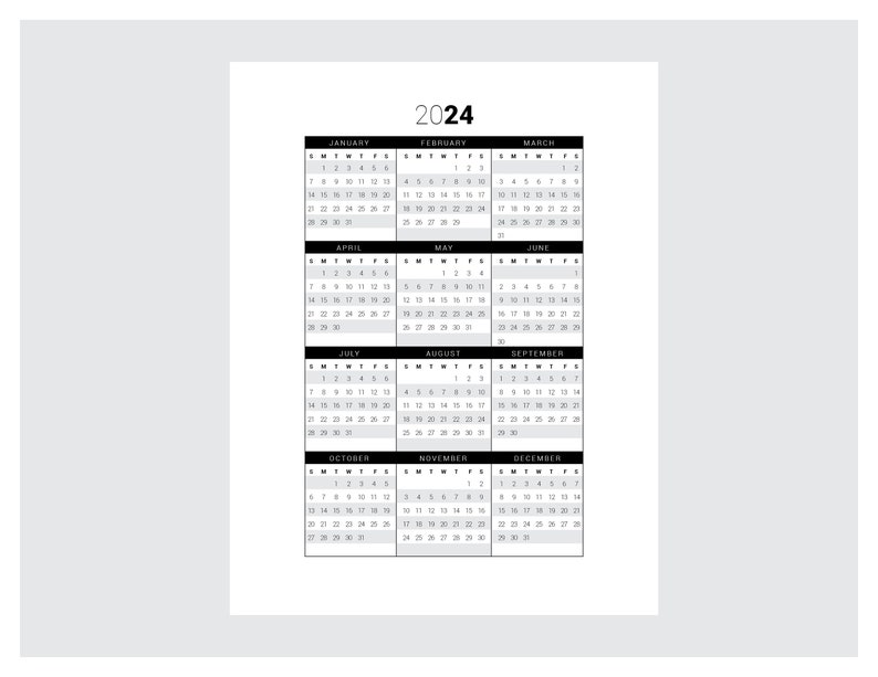 Printable Calendar 2024 Year at a Glance Letter Size Vertical