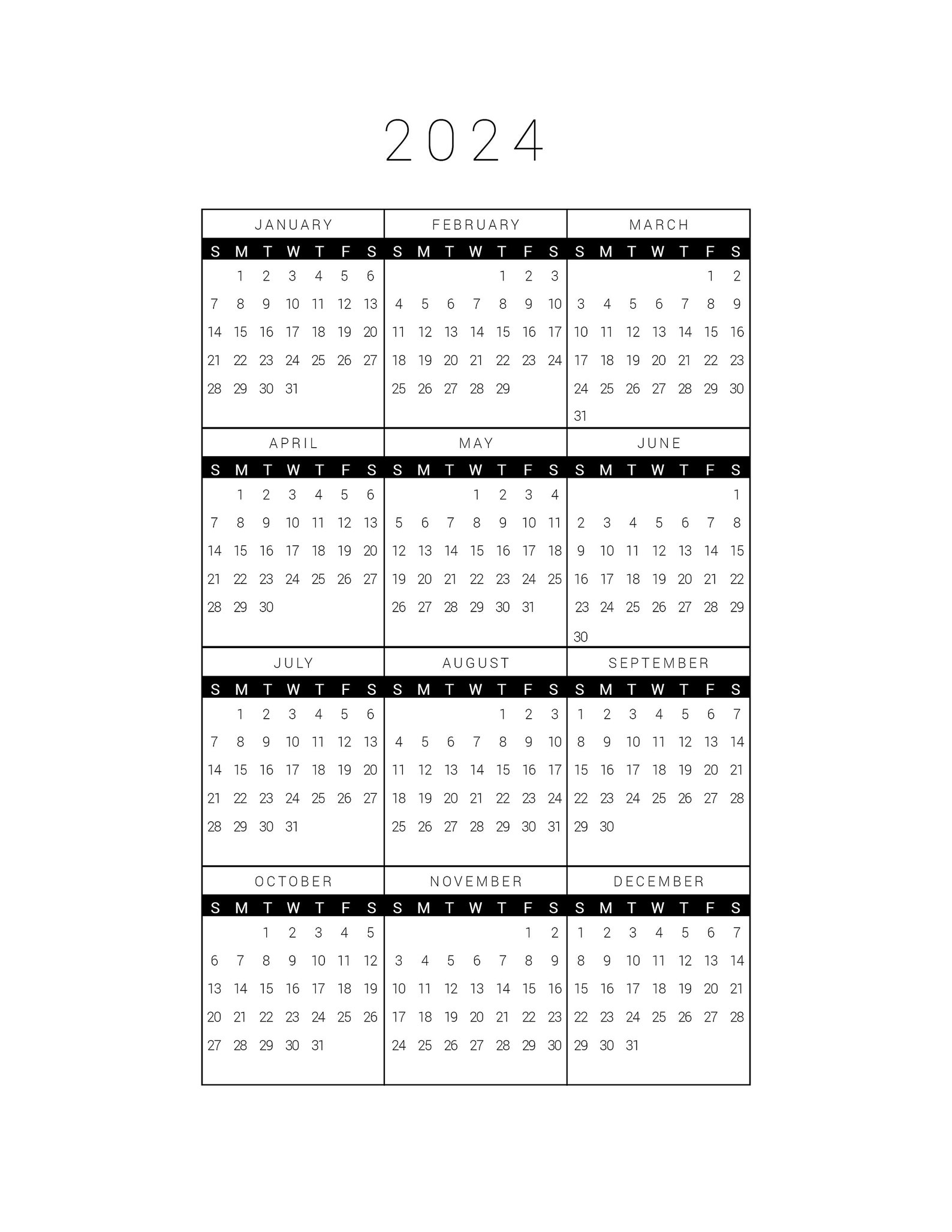 Printable Calendar 2024 Year at a Glance Letter Size Vertical