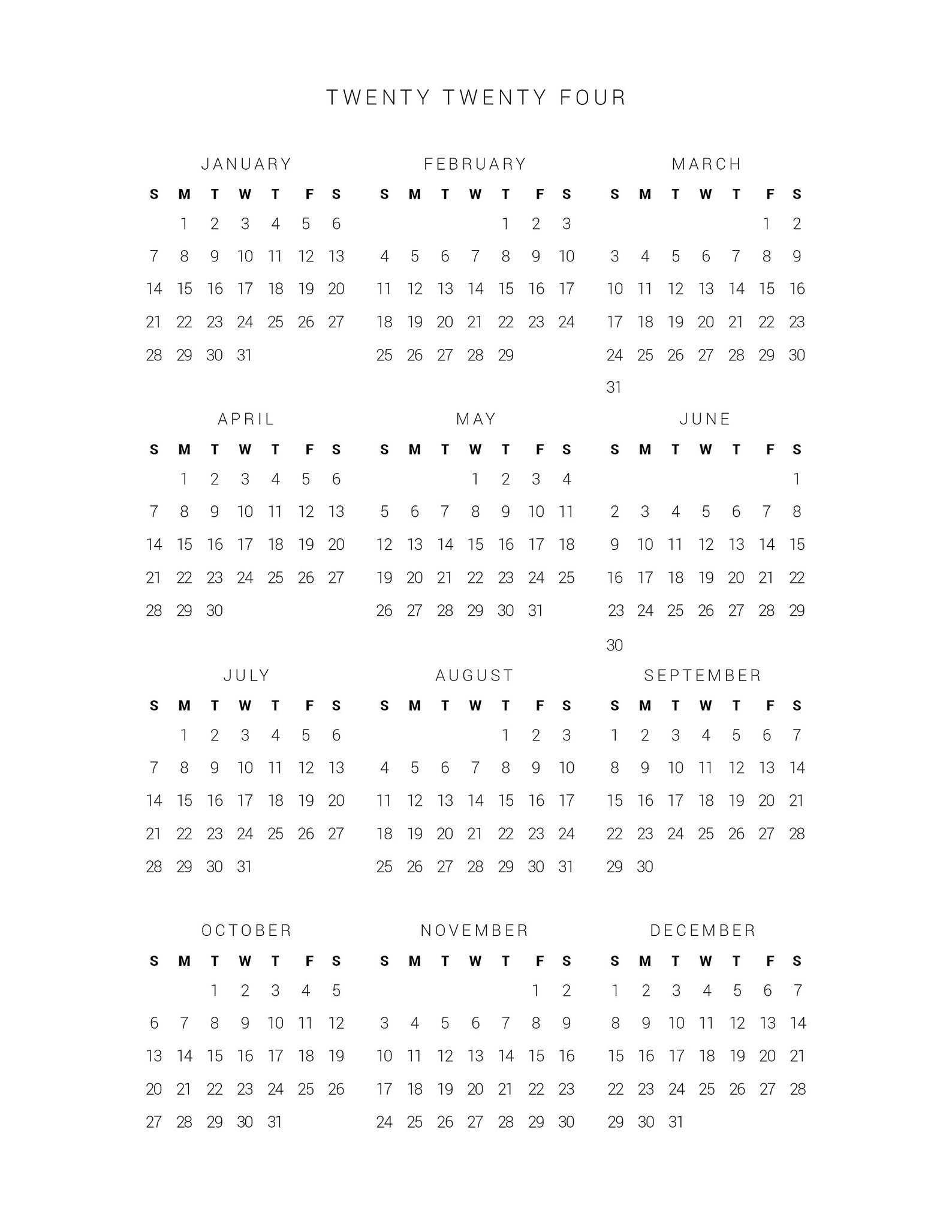 Printable Calendar 2024 Year at a Glance Letter Size Vertical