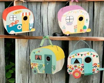 Casa de pájaros caravana pintada a mano con opción de cabañas de surf, diseños florales y de caravanas: decoración de jardín, arte al aire libre, regalo único para amantes de la naturaleza