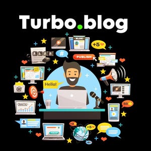May include: Illustration of a person using a laptop computer with the text "Turbo.blog" at the top of the image. The image is surrounded by icons related to blogging, such as a microphone, a megaphone, a heart, a star, a hashtag, a plus sign, and a number.