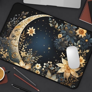 Celestial Desk Mat, Dark floral desk mat, Mystical desk pad, Celestial office decor, Desk pad