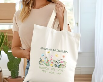 Grandmas wildflowers tote, Personalized tote bag, Custom tote, Canvas tote bag, Birthday gift, Mother’s Day gift, Gift for Grandma Nana Mimi